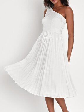 Lulus Festive Flirtation White Satin Jacquard One-shoulder Midi Dress - Size XS